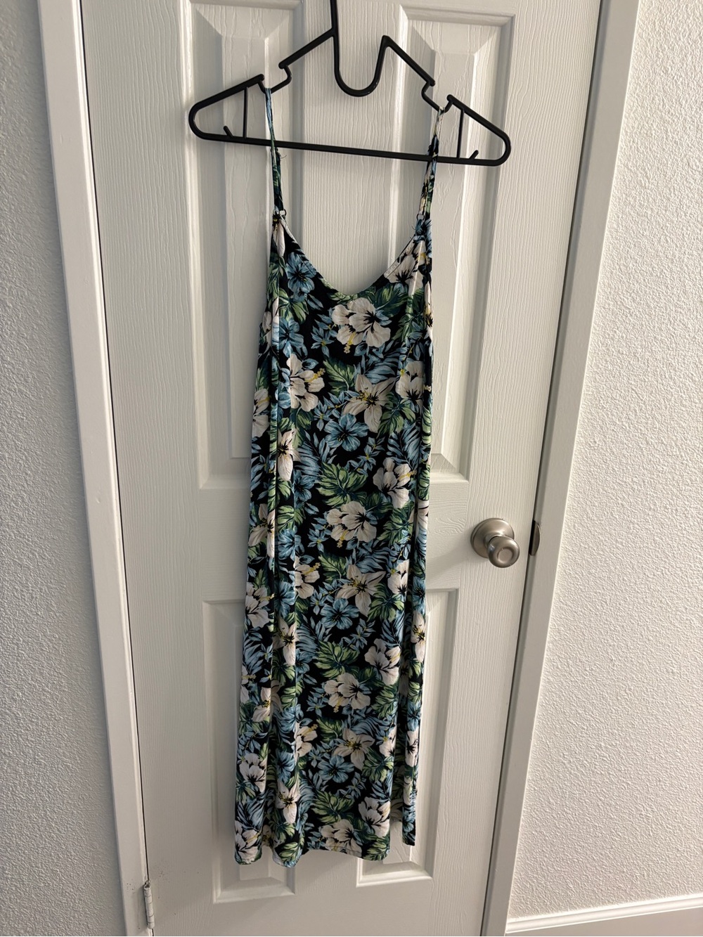 New Look Black Floral Midi Dress with Blue & Green Leaves